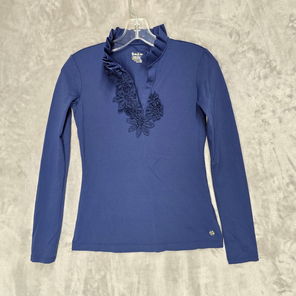 Lilly Pulitzer Luxletic Top Womens XXS Blue Floral Ruffle Preppy Athleisure Golf - Picture 8 of 12